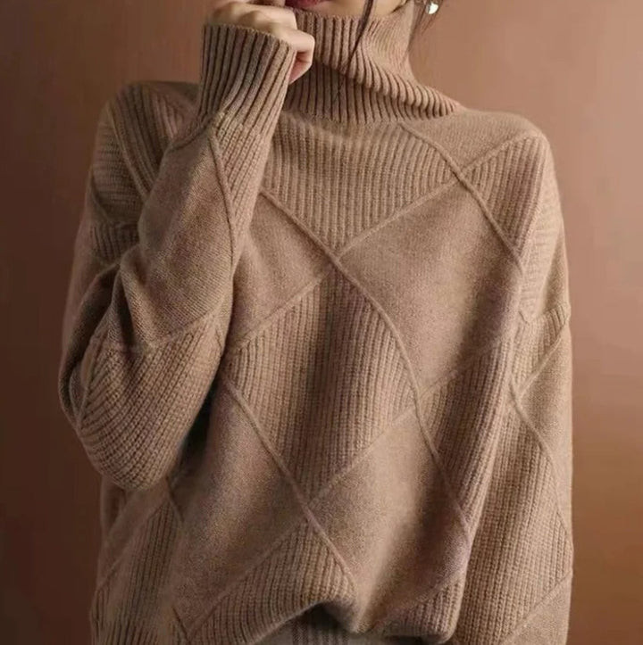 Women's Geometric Knit Turtleneck Jumper Relaxed Fit - Brown