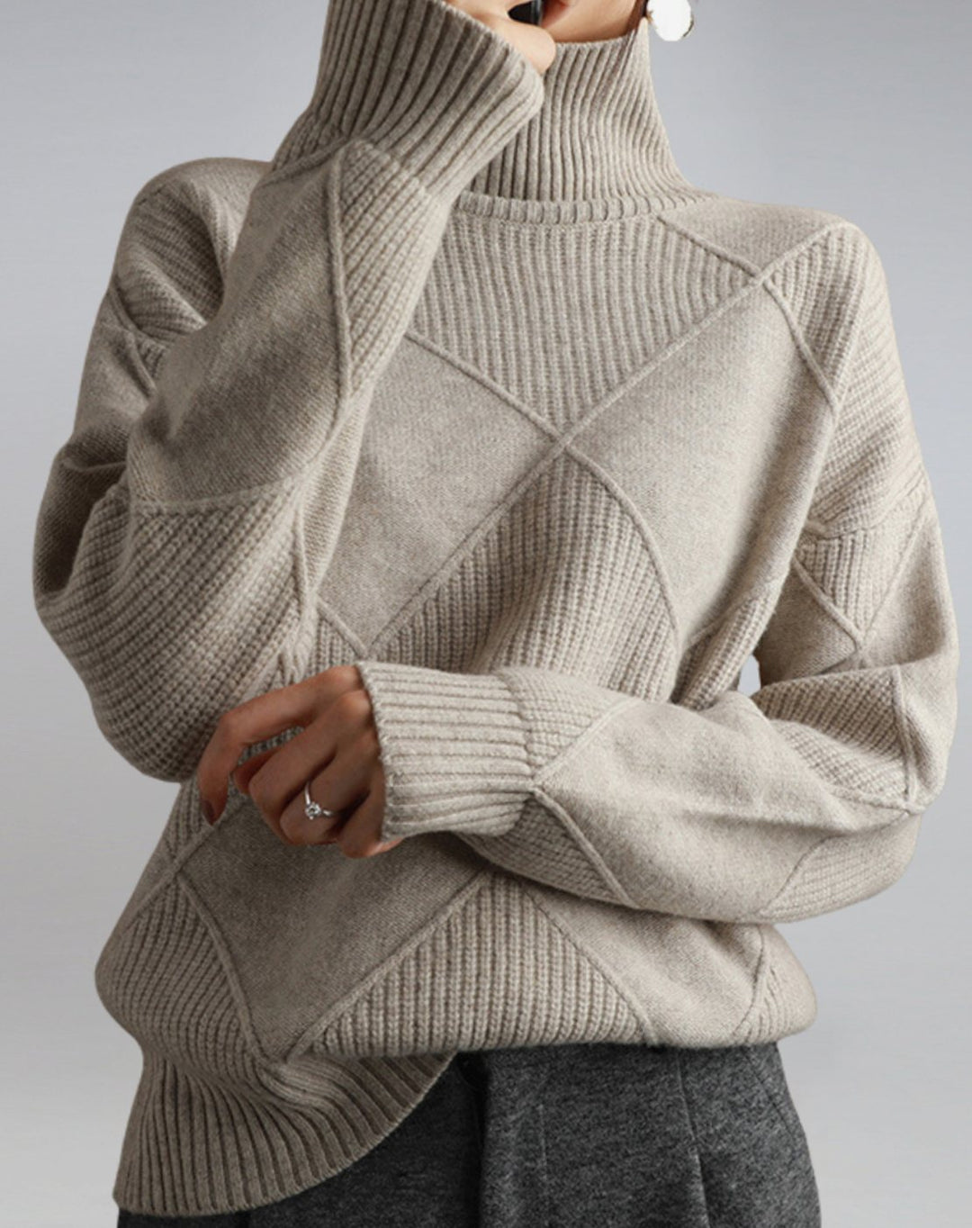 Women's Geometric Patchwork Turtleneck Jumper - Grey
