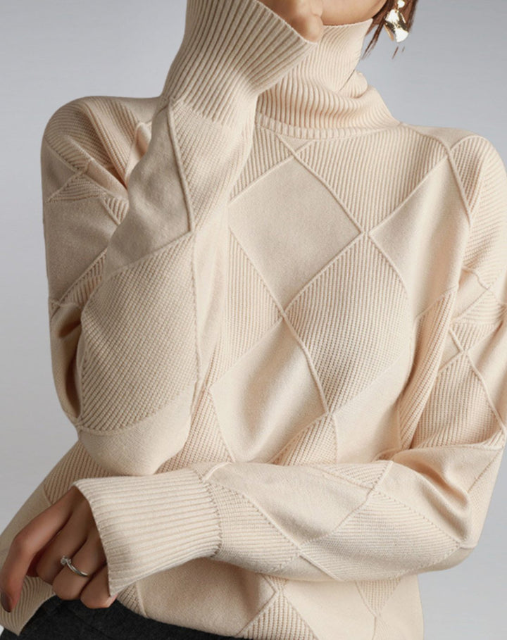 Women's Geometric Patchwork Turtleneck Jumper - Beige