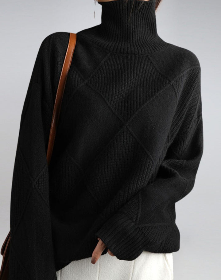 Women's Geometric Patchwork Turtleneck Jumper - Black