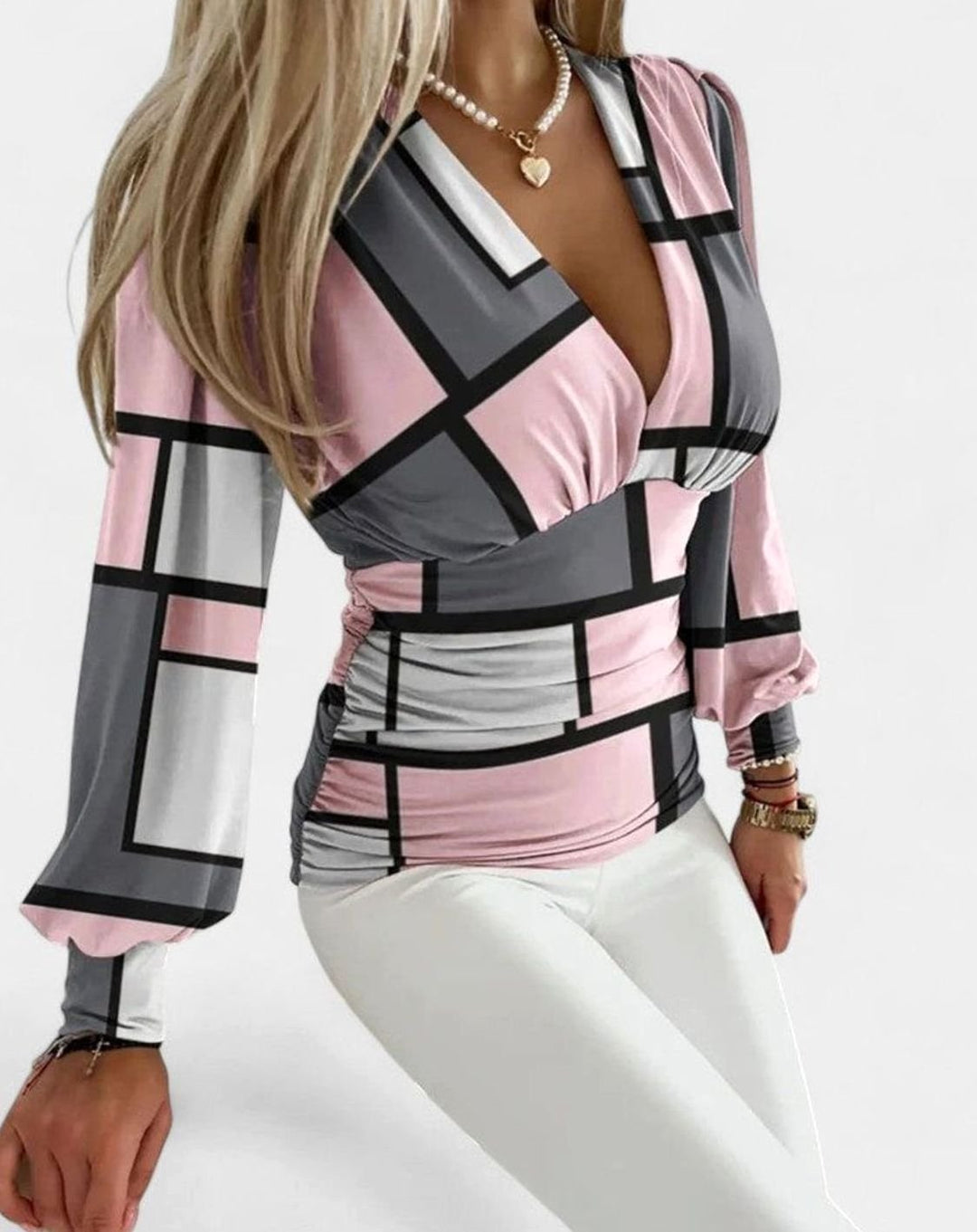 Women's Geometric Print Deep V-Neck Long-Sleeve Wrap Top