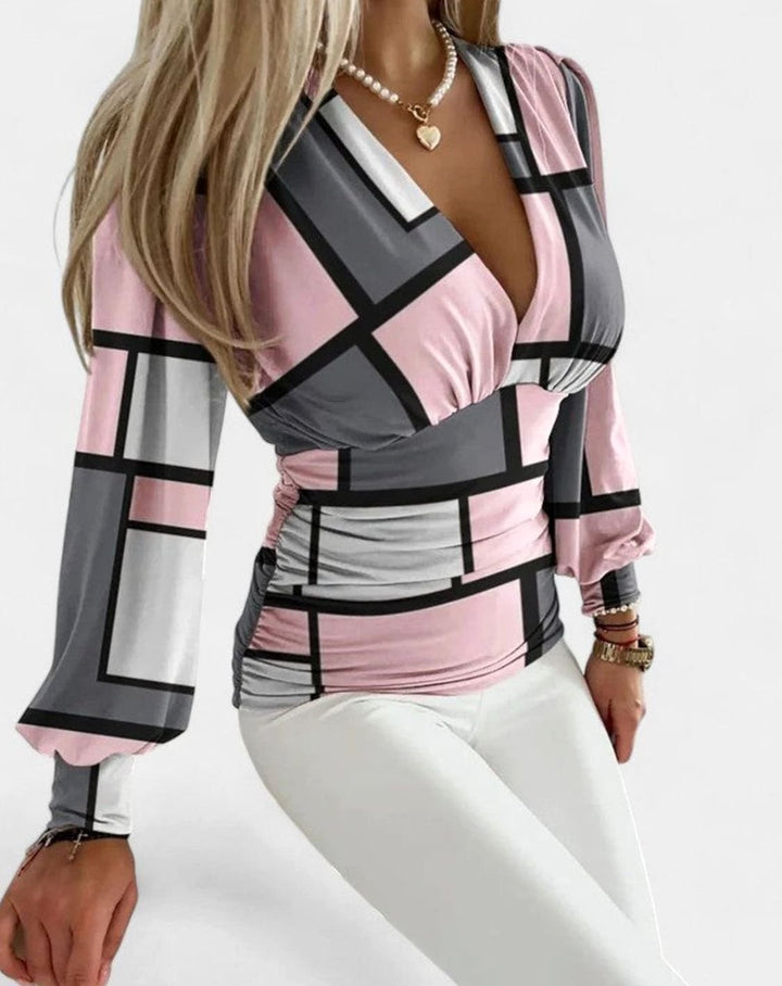 Women's Geometric Print Deep V-Neck Long-Sleeve Wrap Top
