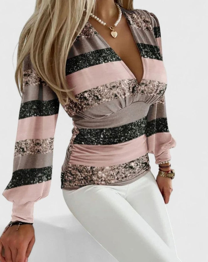 Women's Geometric Print Deep V-Neck Long-Sleeve Wrap Top - Tri-Colour Stripe