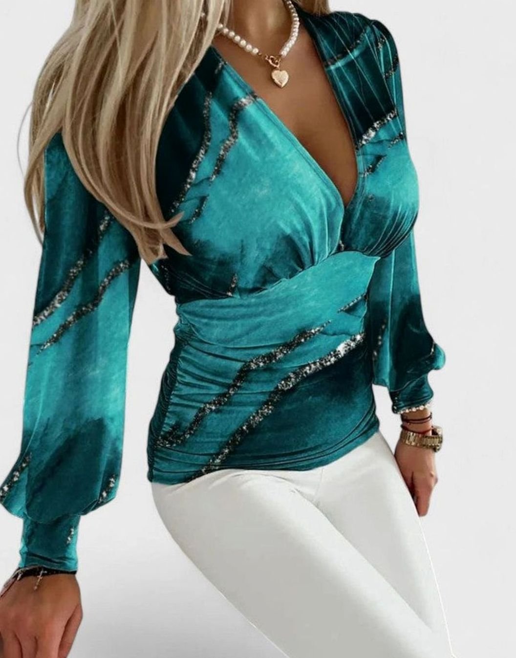 Women's Geometric Print Deep V-Neck Long-Sleeve Wrap Top