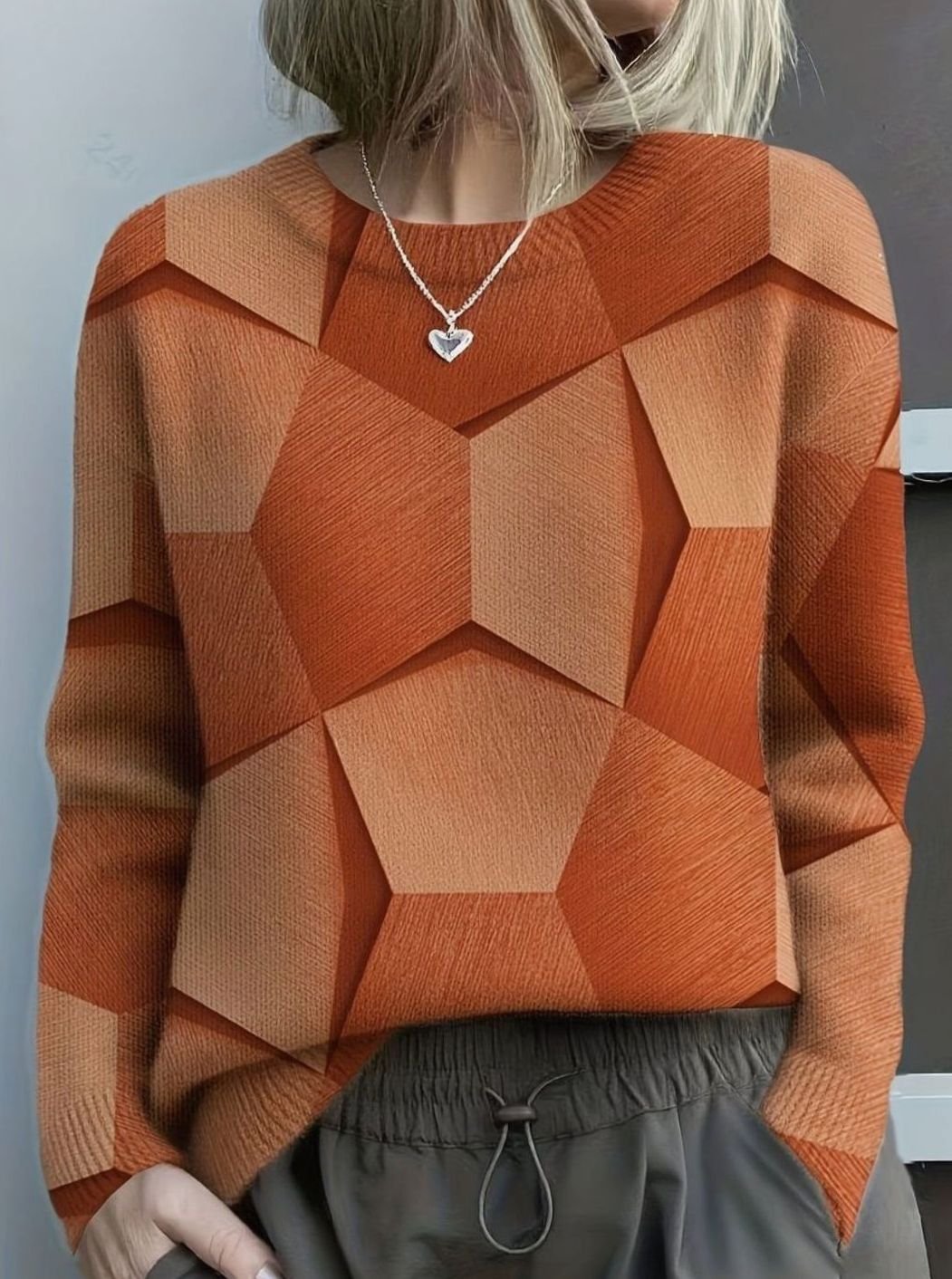 Women's Geometric Print Knit Crewneck Jumper Long Sleeve - Orange
