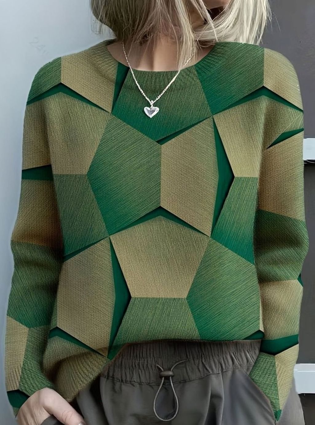 Women's Geometric Print Knit Crewneck Jumper Long Sleeve - Green