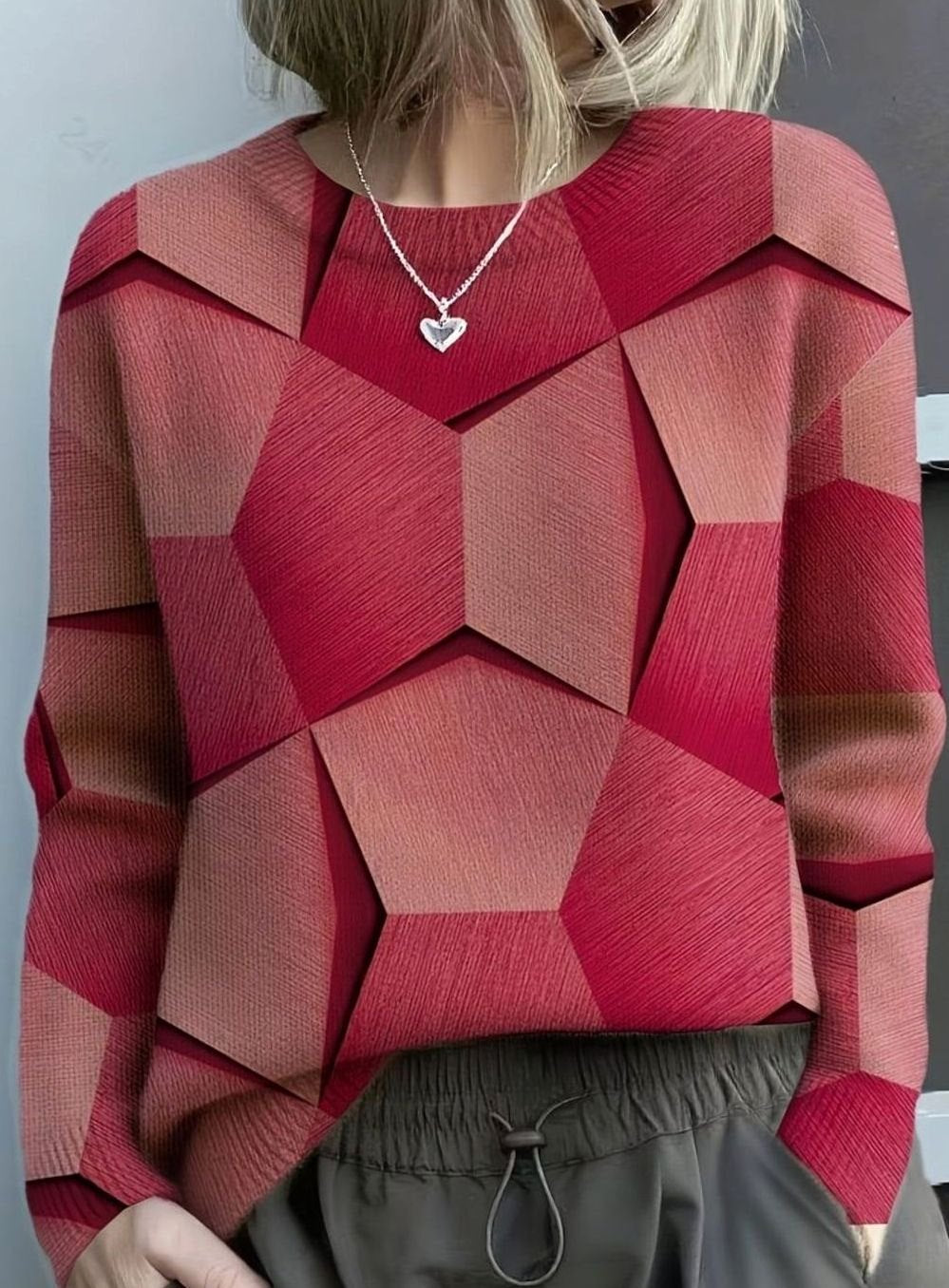Women's Geometric Print Knit Crewneck Jumper Long Sleeve - Red