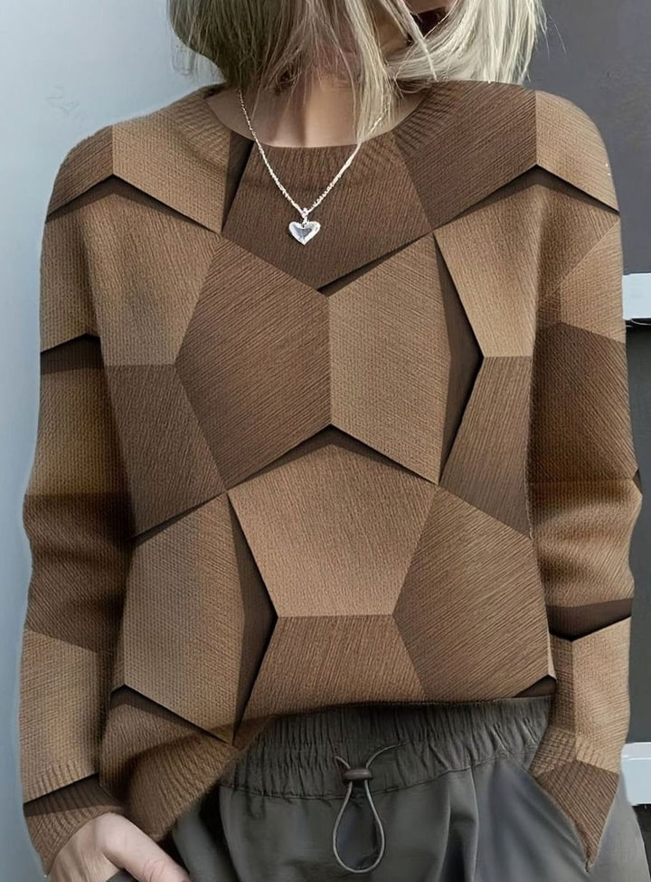 Women's Geometric Print Knit Crewneck Jumper Long Sleeve - Brown
