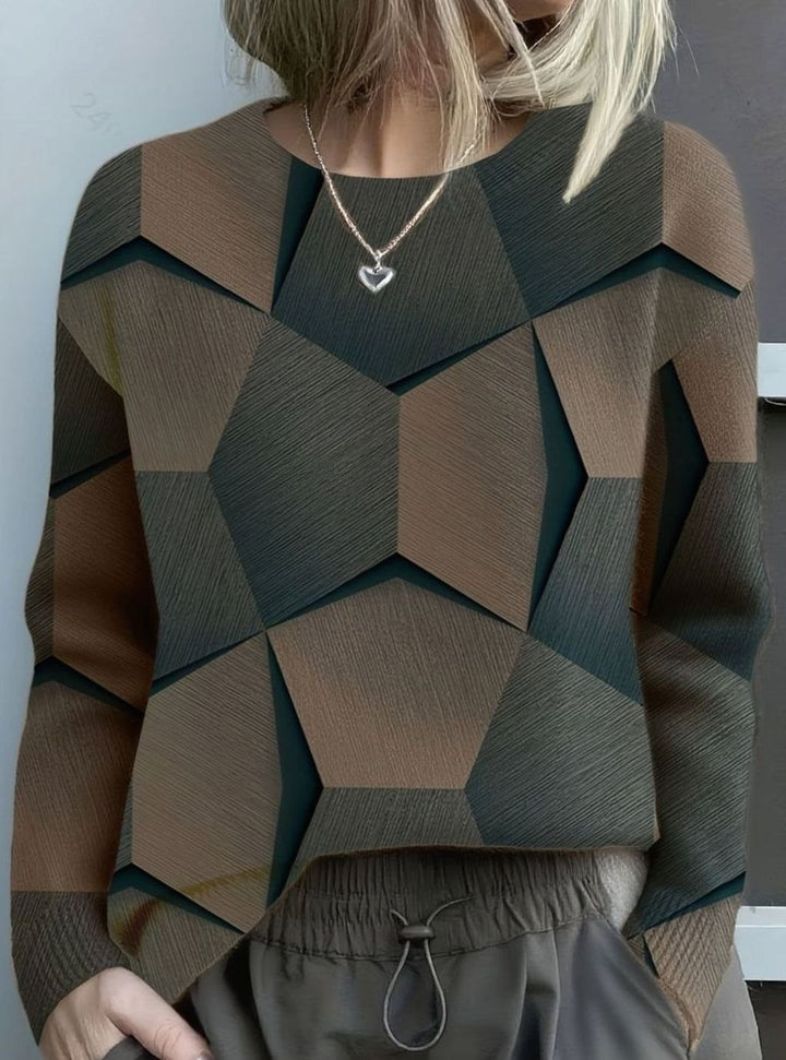Women's Geometric Print Knit Crewneck Jumper Long Sleeve - Black