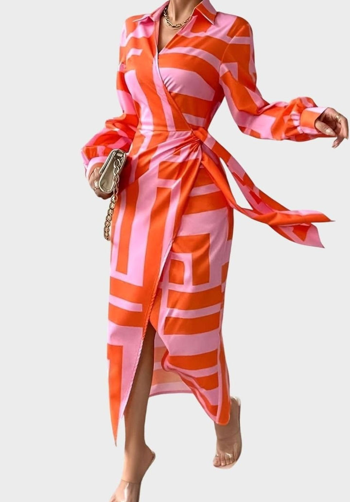 Women's Geometric Print Long-Sleeve Collared Wrap Midi Dress