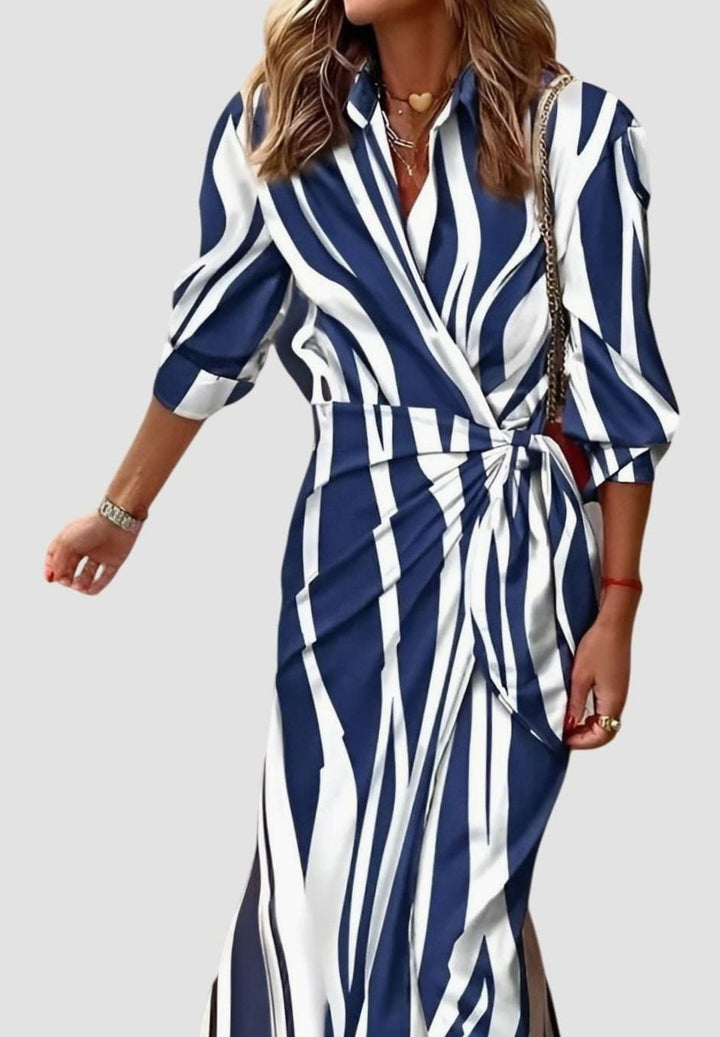 Women's Geometric Print Long-Sleeve Collared Wrap Midi Dress