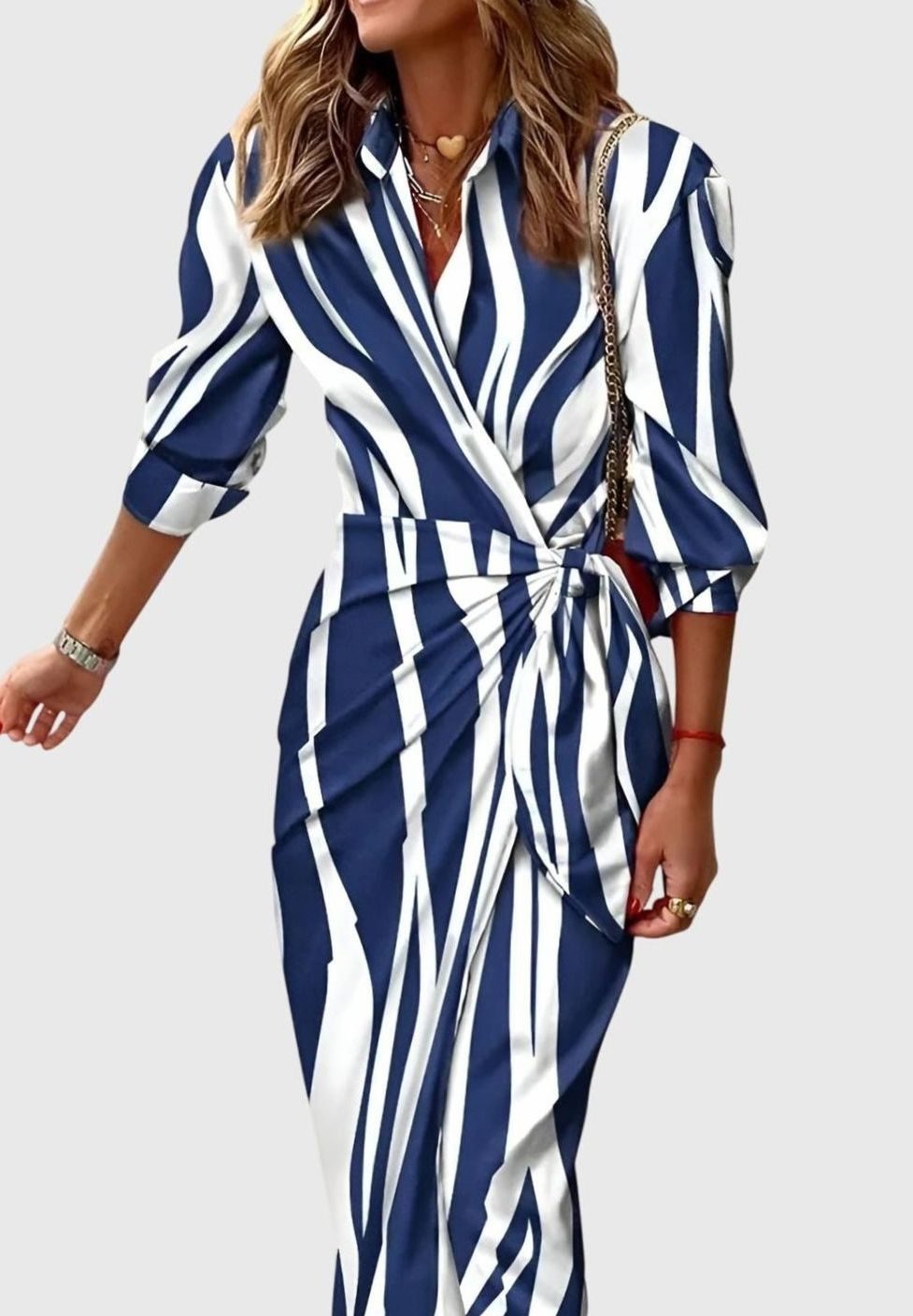 Women's Geometric Print Long-Sleeve Collared Wrap Midi Dress - Blue