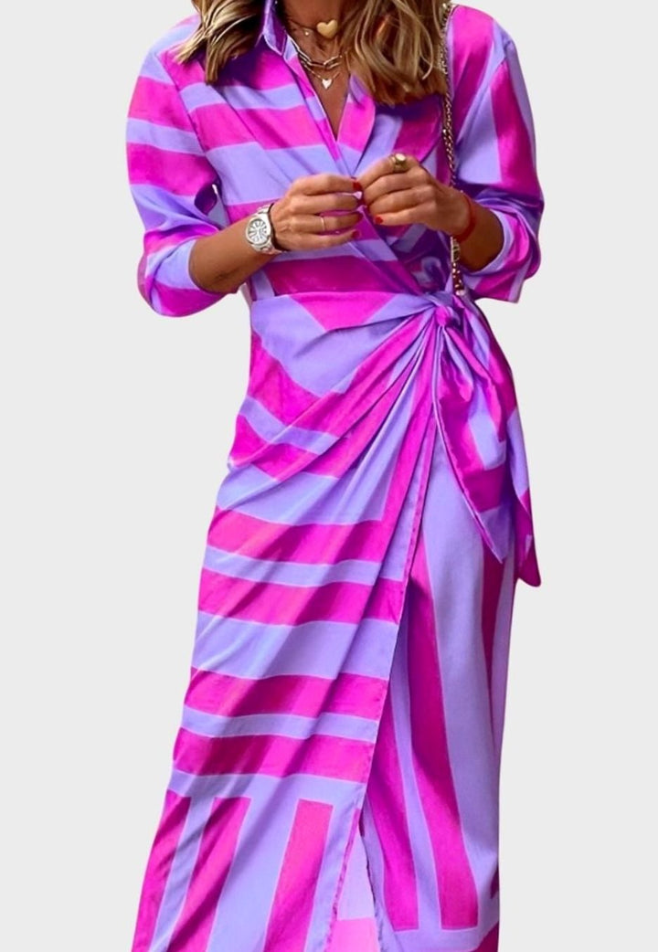 Women's Geometric Print Long-Sleeve Collared Wrap Midi Dress - Purple