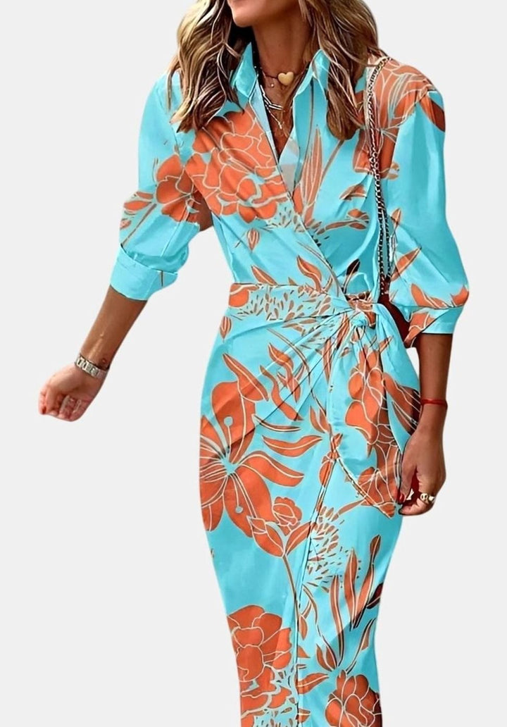 Women's Geometric Print Long-Sleeve Collared Wrap Midi Dress - Turquoise