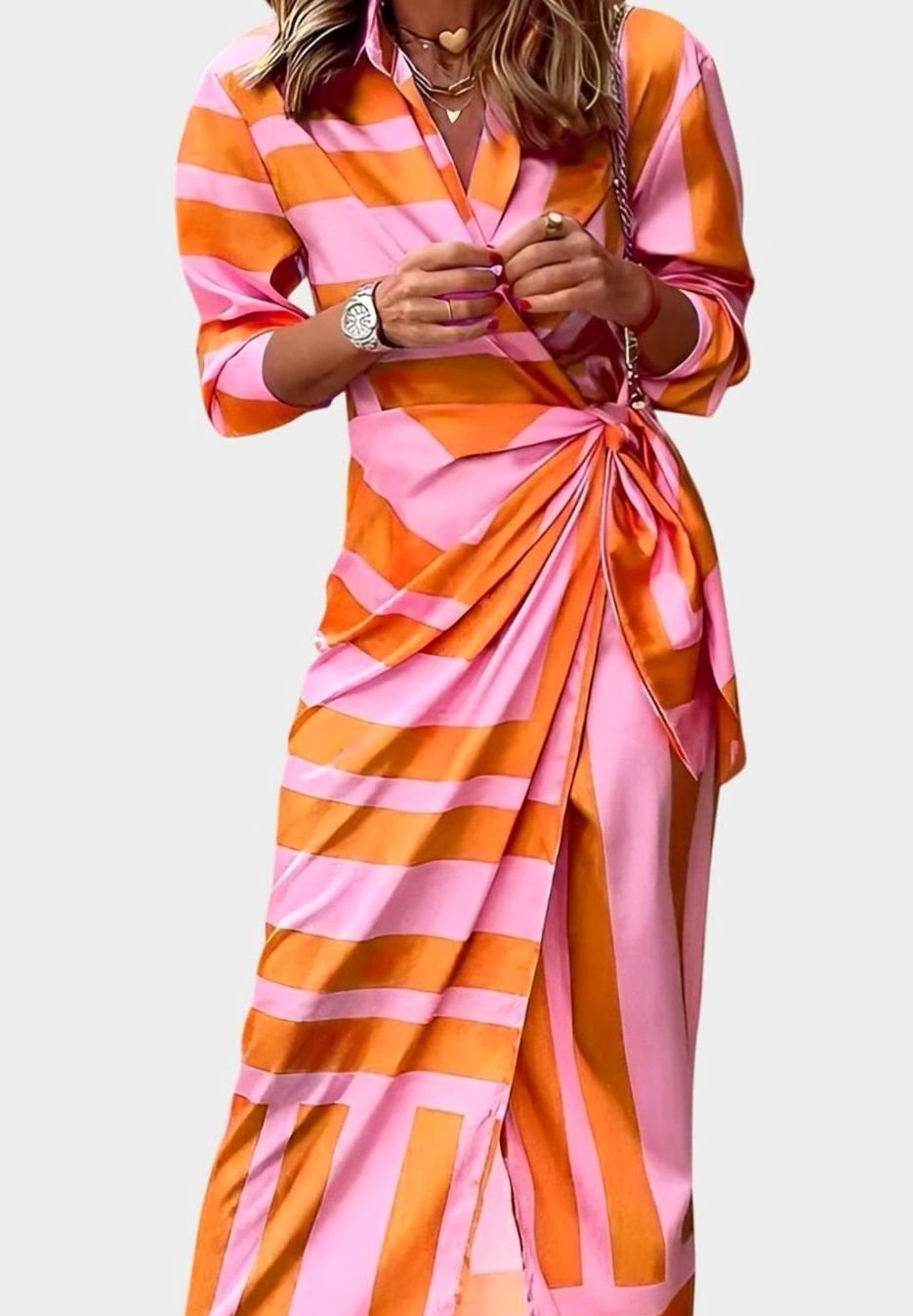 Women's Geometric Print Long-Sleeve Collared Wrap Midi Dress