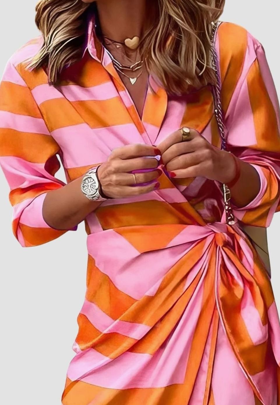 Women's Geometric Print Long-Sleeve Collared Wrap Midi Dress