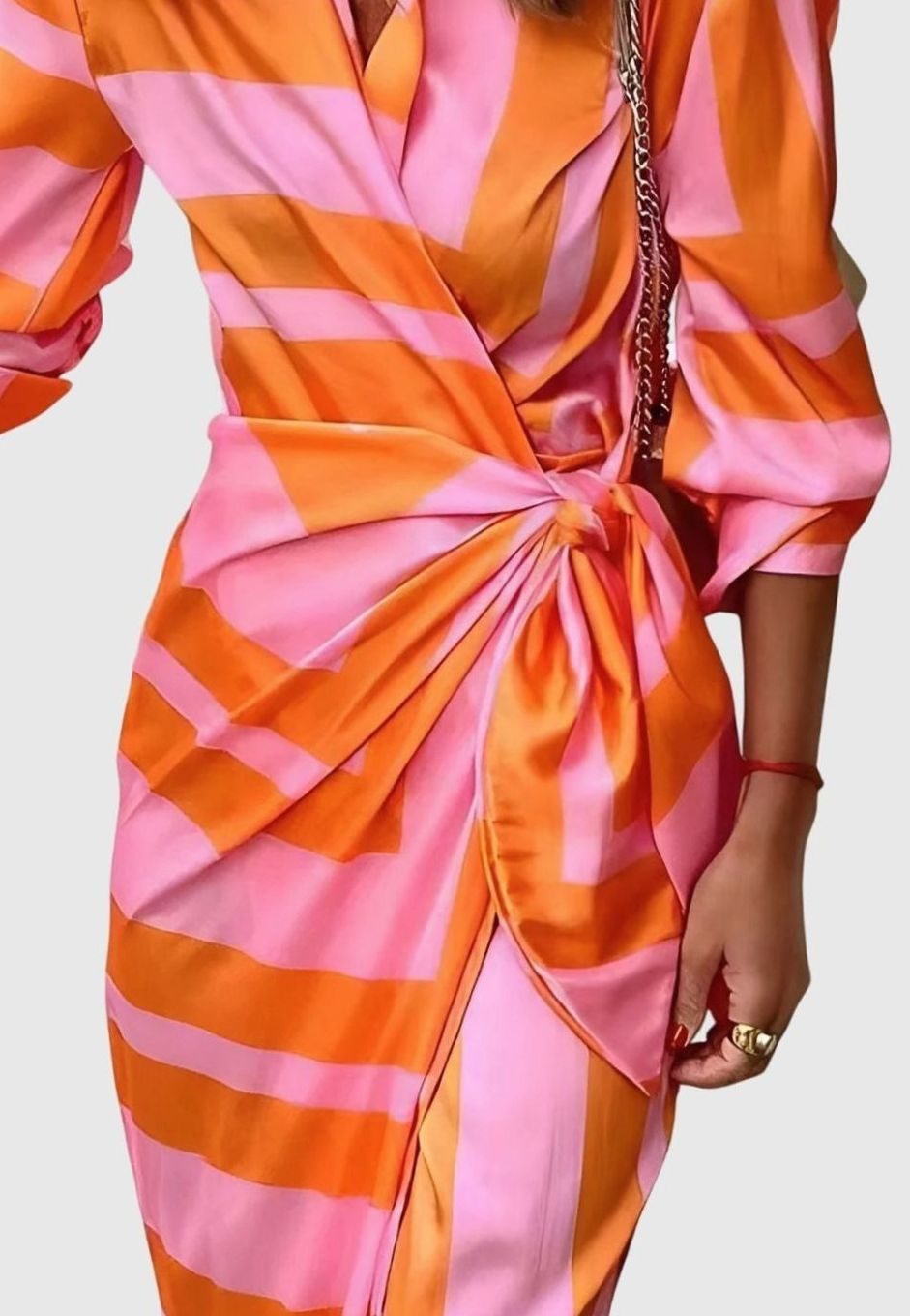 Women's Geometric Print Long-Sleeve Collared Wrap Midi Dress