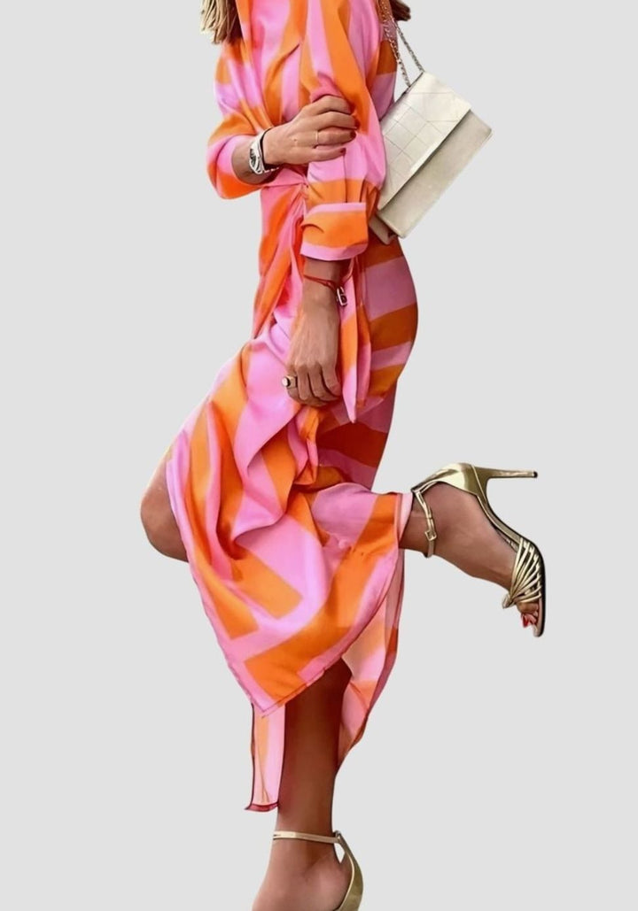 Women's Geometric Print Long-Sleeve Collared Wrap Midi Dress