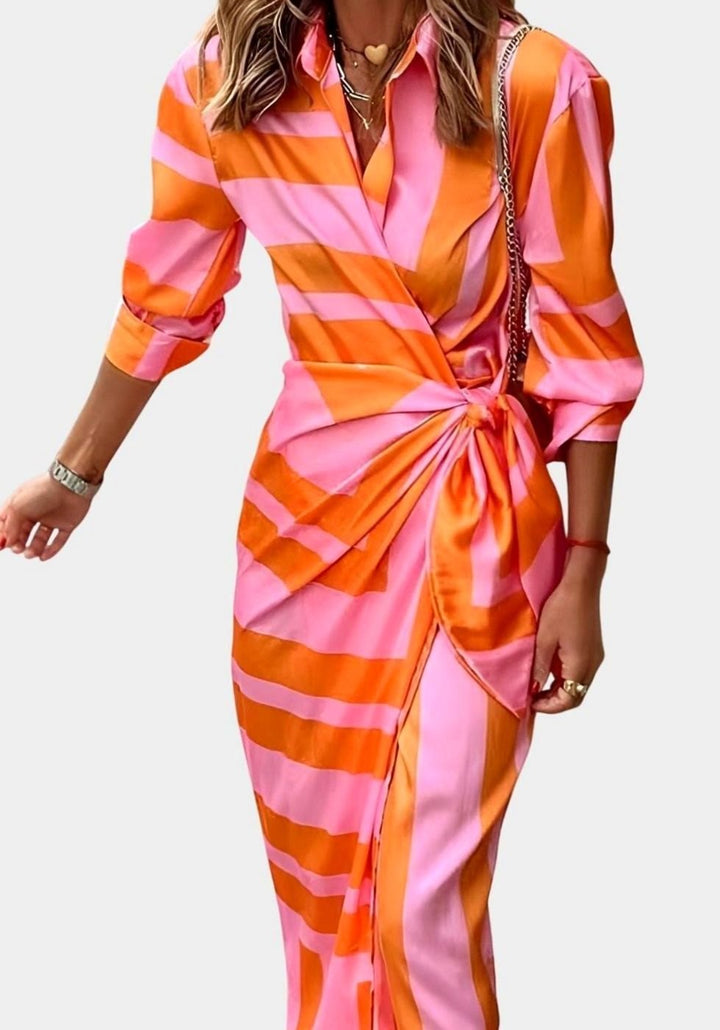 Women's Geometric Print Long-Sleeve Collared Wrap Midi Dress - Orange