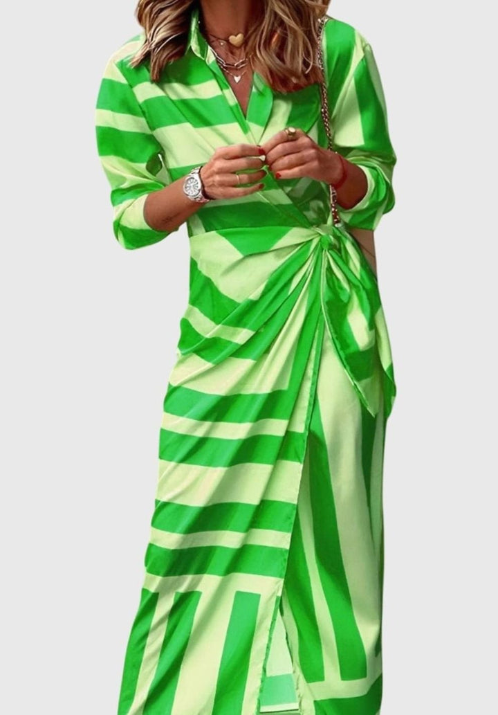 Women's Geometric Print Long-Sleeve Collared Wrap Midi Dress - Green