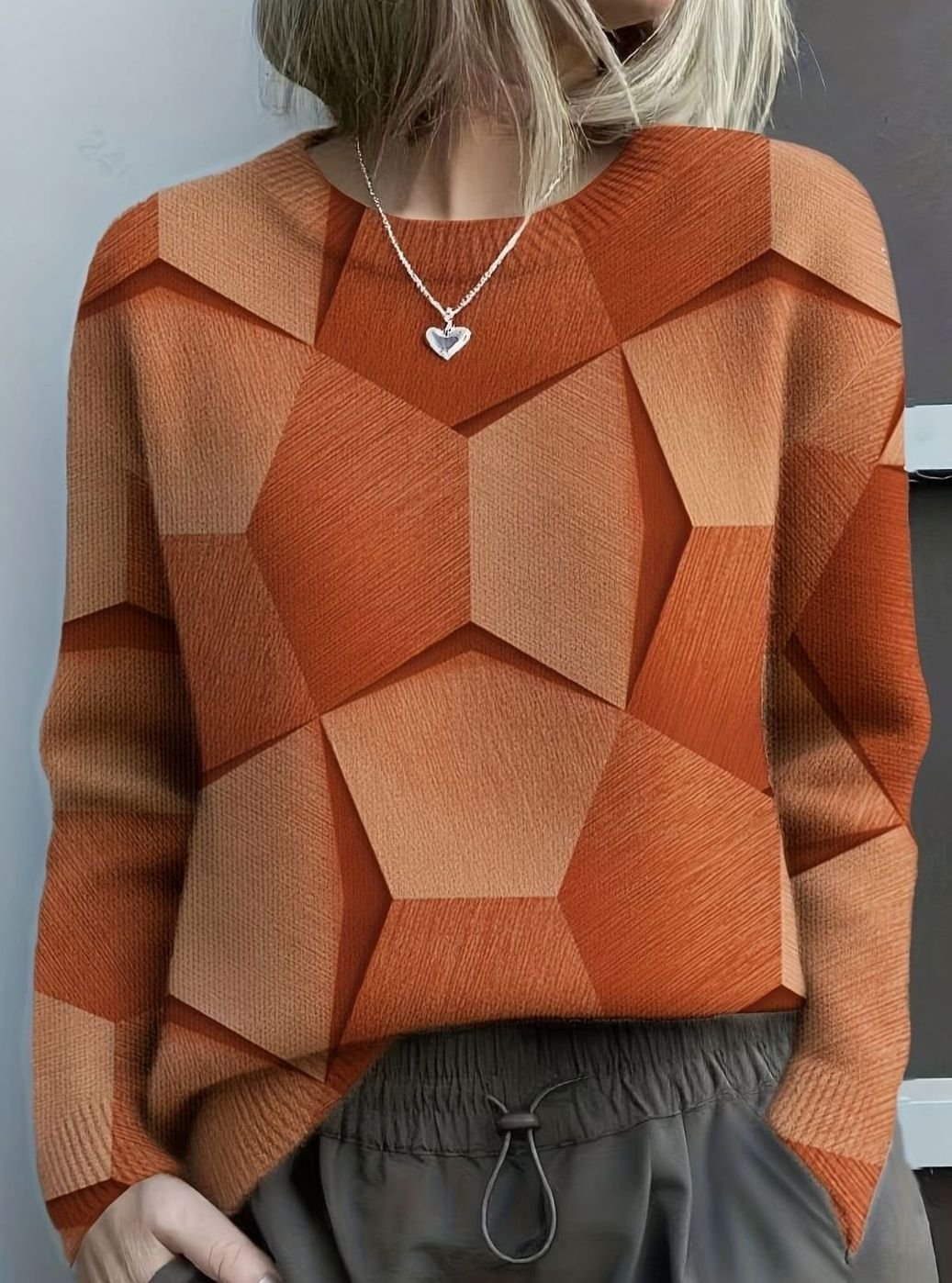Women's Geometric Print Long Sleeve Knitted Jumper, Burnt Orange - Orange