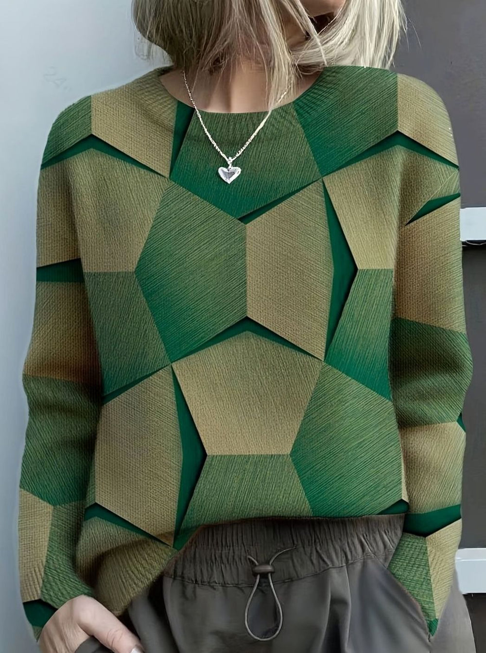 Women's Geometric Print Long Sleeve Knitted Jumper, Burnt Orange - Green