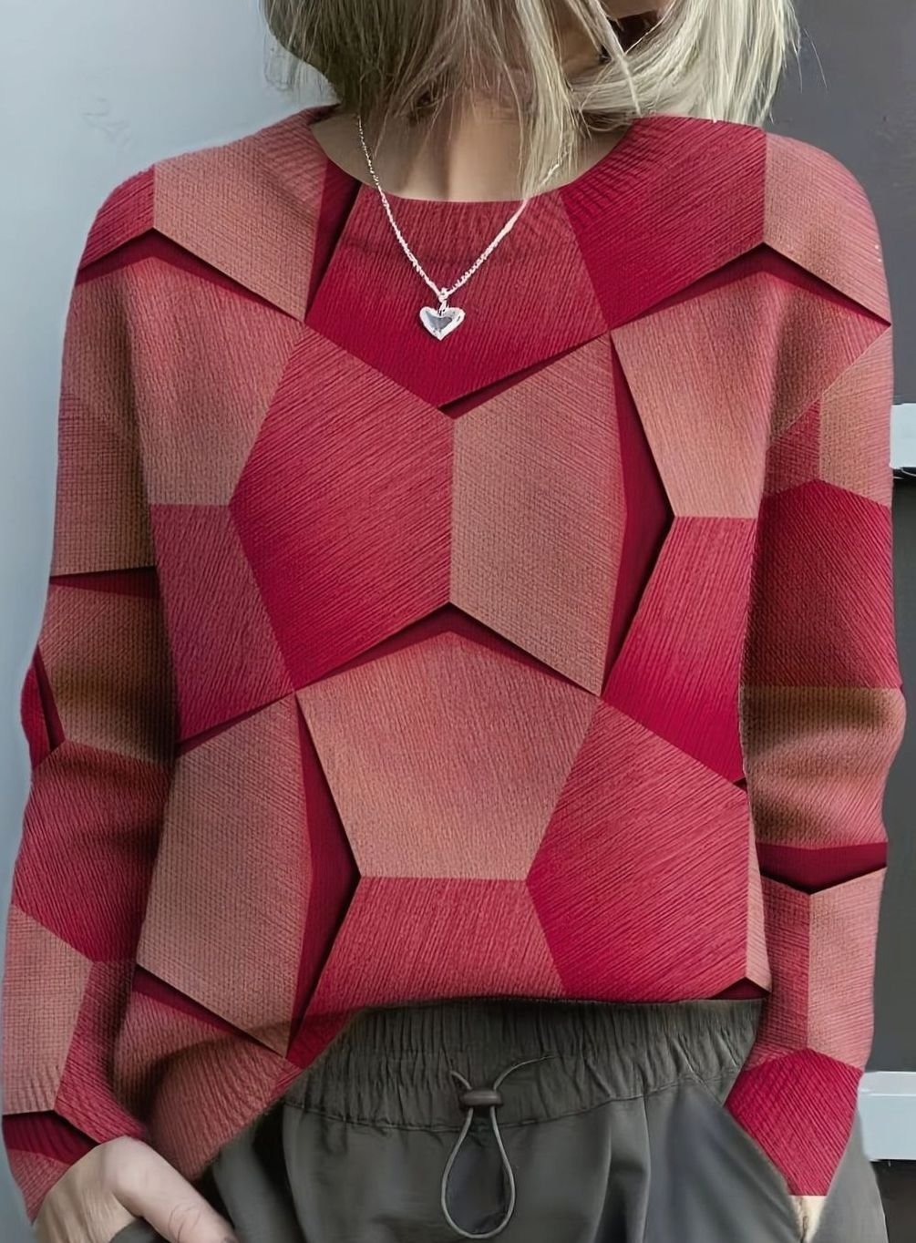 Women's Geometric Print Long Sleeve Knitted Jumper, Burnt Orange - Red