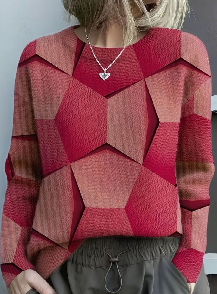 Women's Geometric Print Long Sleeve Knitted Jumper, Burnt Orange - Red
