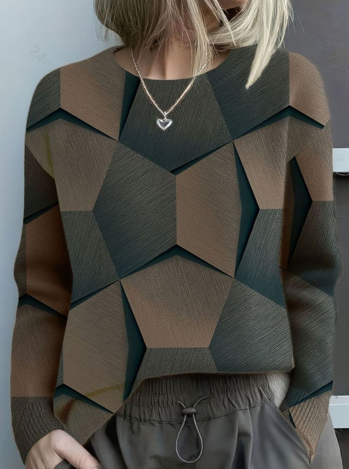 Women's Geometric Print Long Sleeve Knitted Jumper, Burnt Orange - Black