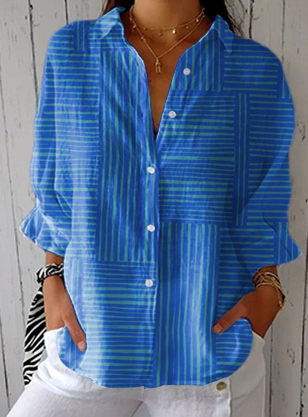 Women's Geometric Striped Relaxed-Fit Button-Front V-Neck Blouse - Blue