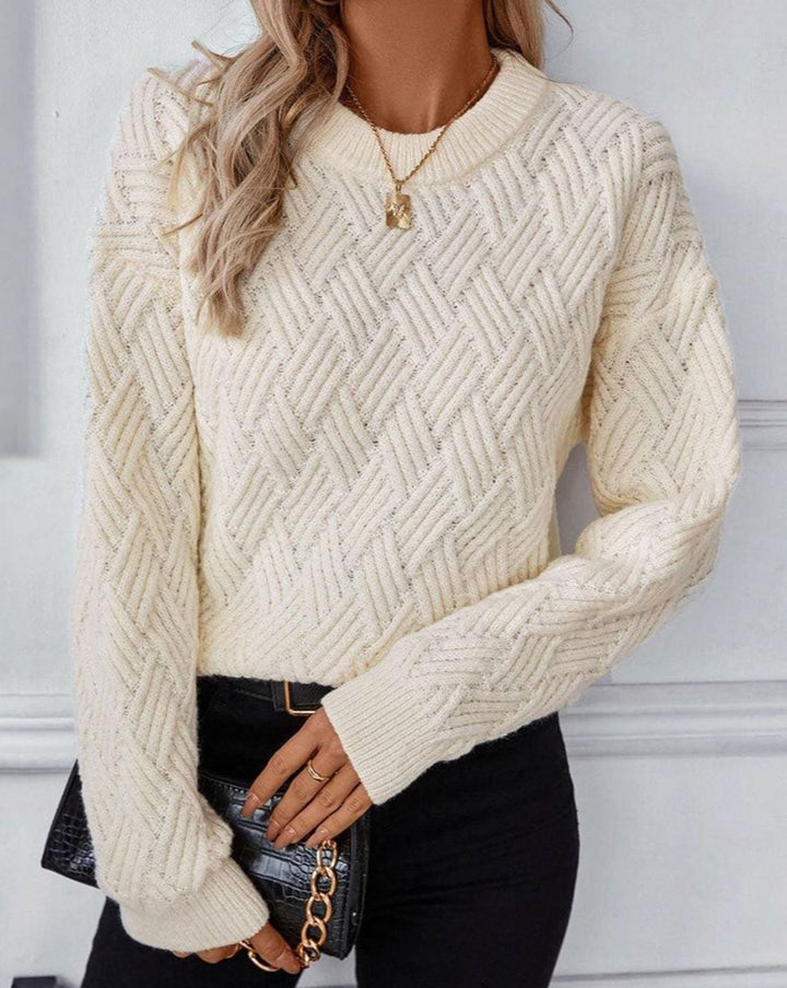 Women's Geometric Textured Crew-Neck Knitted Jumper - Apricot