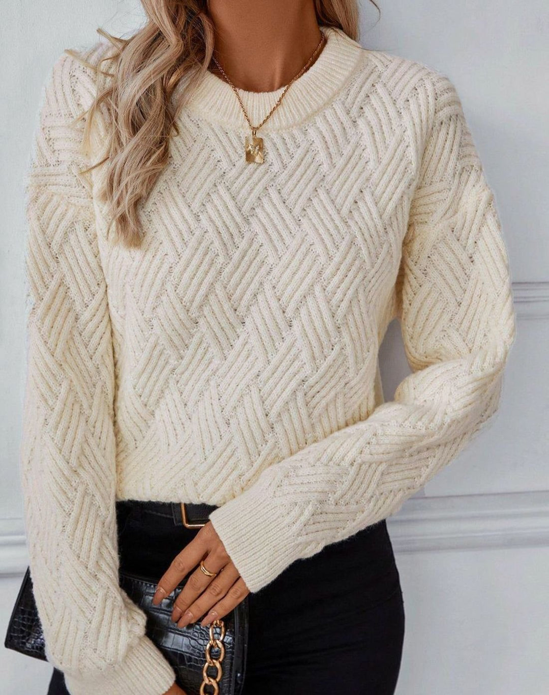 Women's Geometric Textured Crew-Neck Knitted Jumper