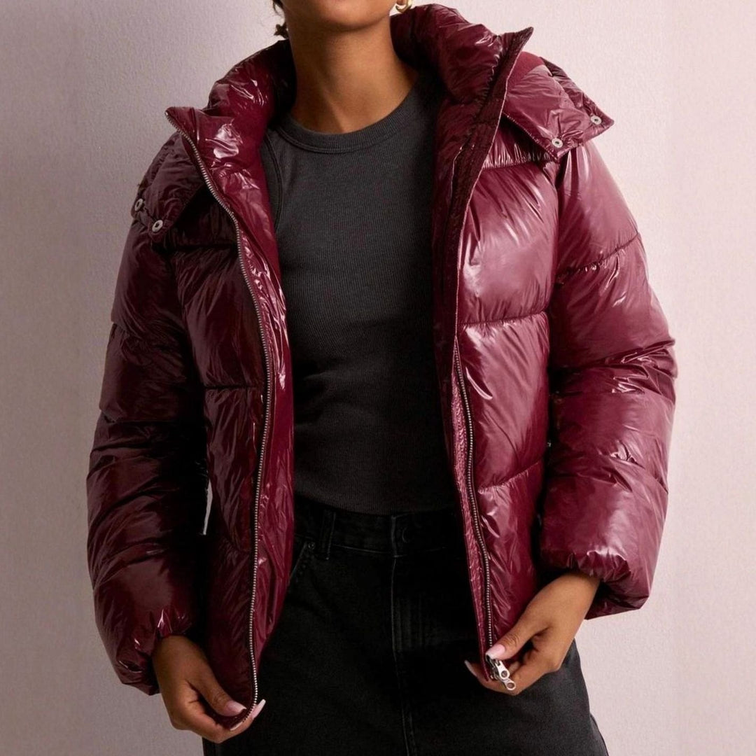 Women's Glossy Quilted Puffer Jacket Adjustable Hood Zip Pockets
