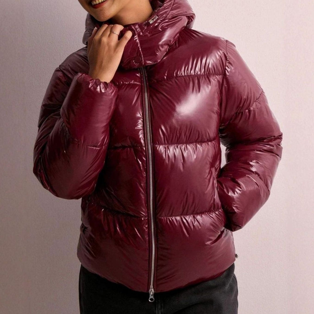 Women's Glossy Quilted Puffer Jacket Adjustable Hood Zip Pockets