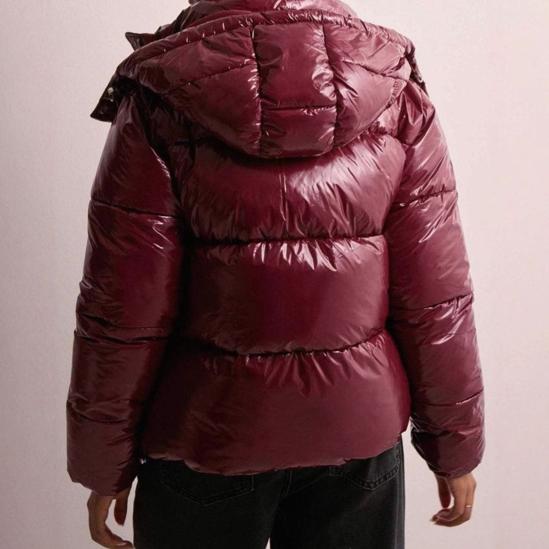 Women's Glossy Quilted Puffer Jacket Adjustable Hood Zip Pockets