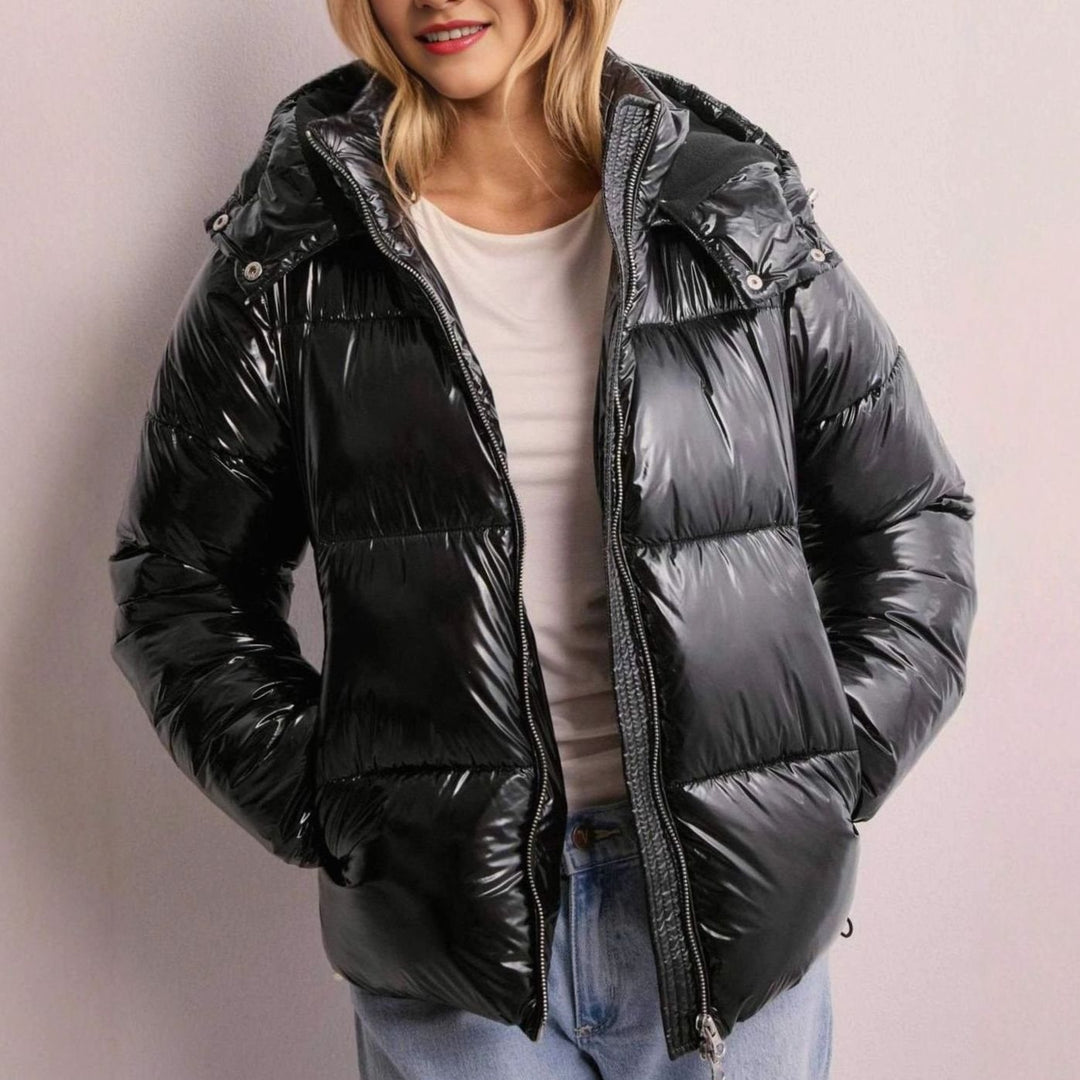 Women's Glossy Quilted Puffer Jacket Adjustable Hood Zip Pockets