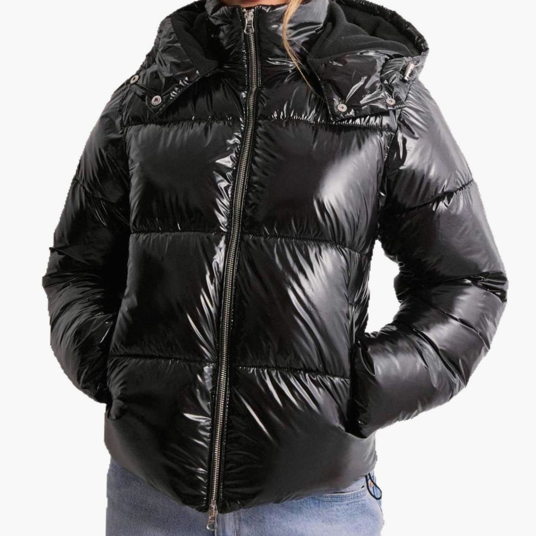 Women's Glossy Quilted Puffer Jacket Adjustable Hood Zip Pockets