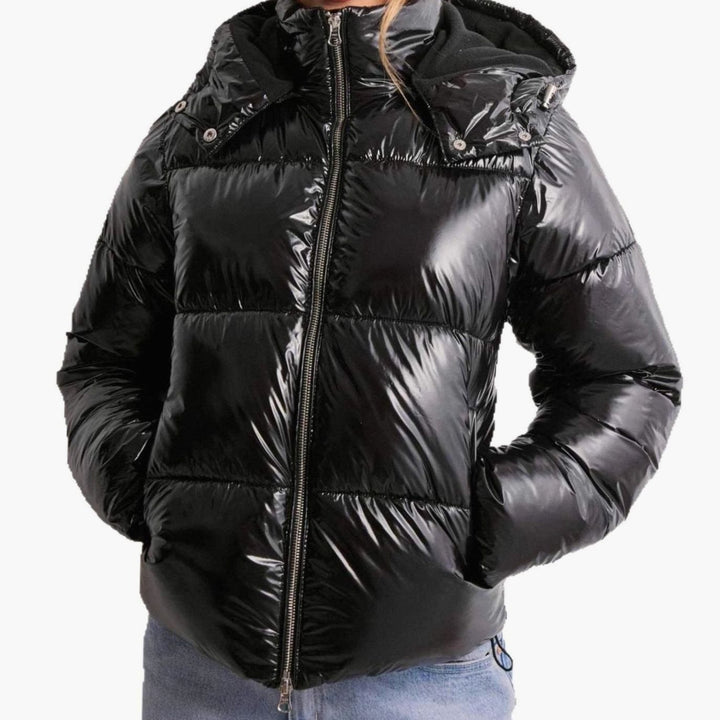 Women's Glossy Quilted Puffer Jacket Adjustable Hood Zip Pockets