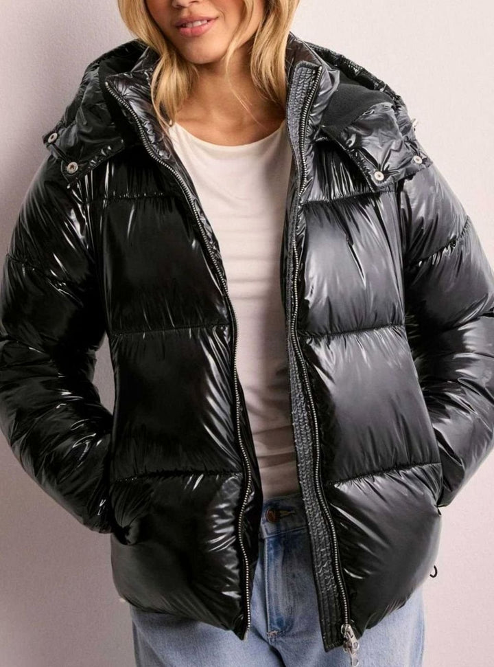 Women's Glossy Quilted Puffer Jacket Adjustable Hood Zip Pockets - Black