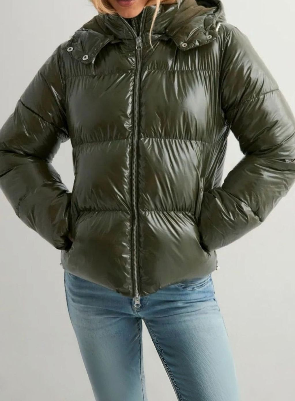 Women's Glossy Quilted Puffer Jacket Adjustable Hood Zip Pockets - Olive Green
