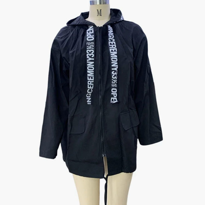 Women's Graphic-Trim Hooded Zip-Up Trench Coat