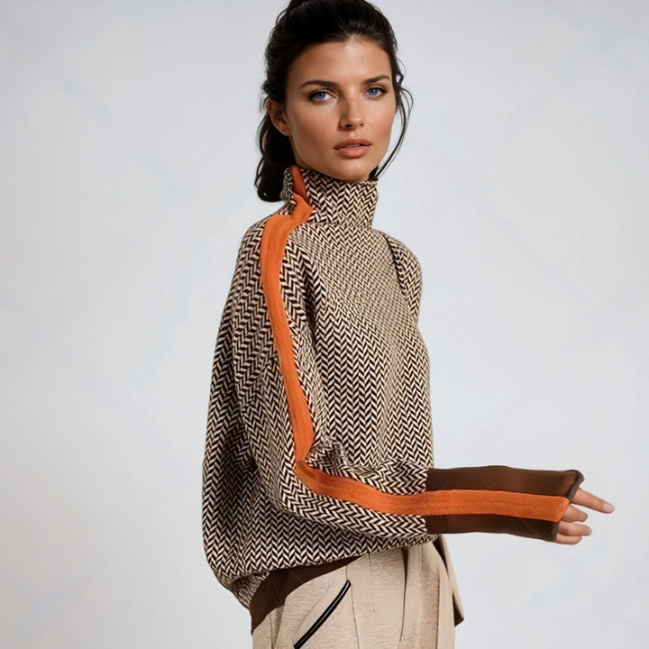 Women's Herringbone Contrast-Trim Turtleneck Jumper - Orange