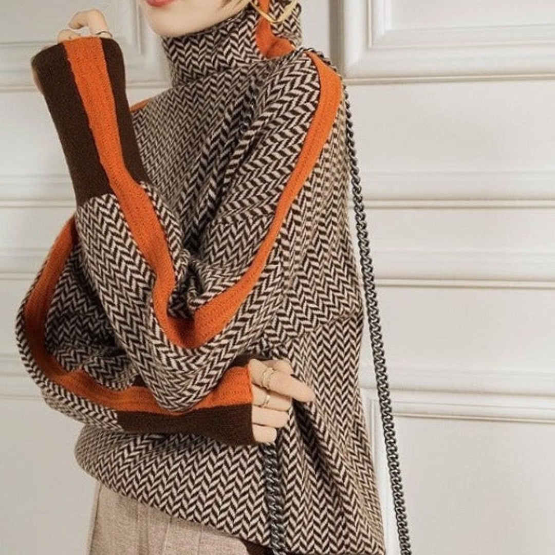 Women's Herringbone Contrast-Trim Turtleneck Jumper