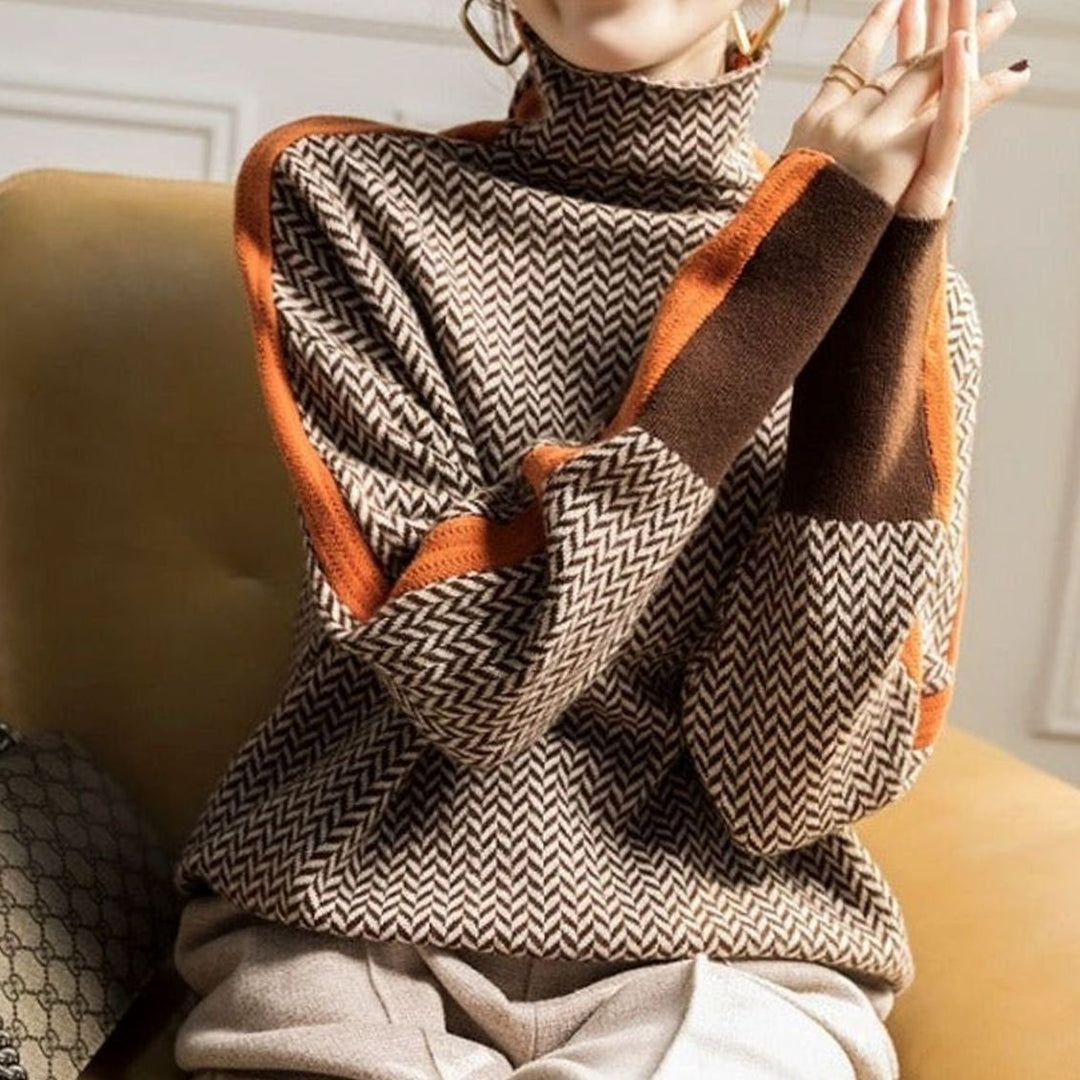 Women's Herringbone Contrast-Trim Turtleneck Jumper