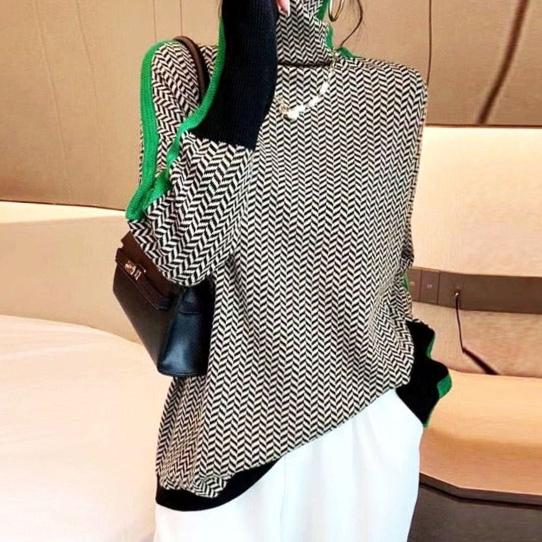 Women's Herringbone Contrast-Trim Turtleneck Jumper - Green