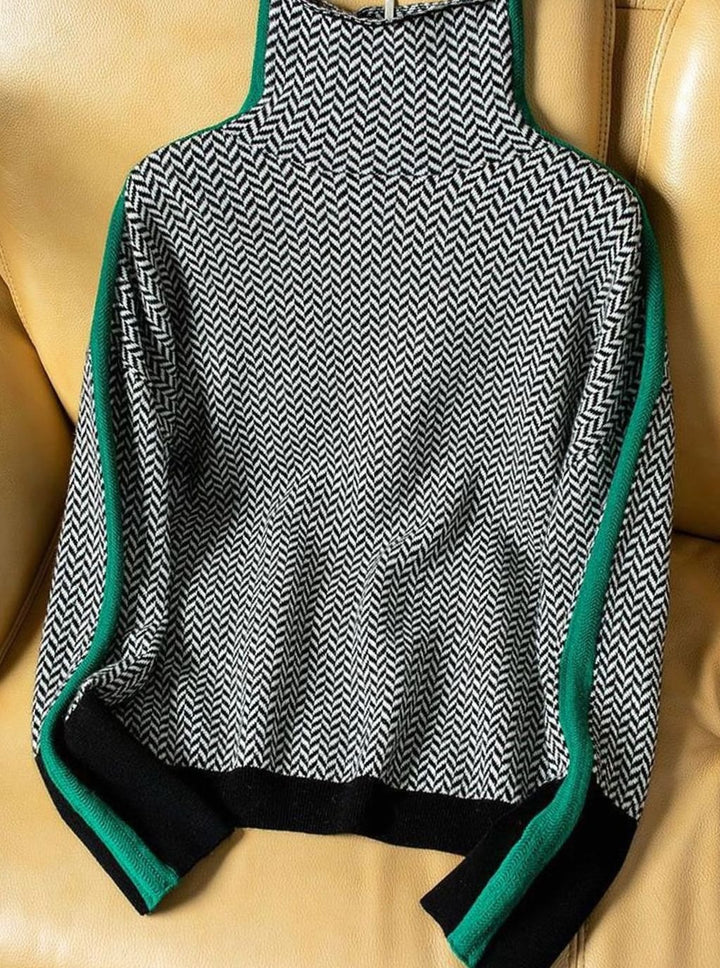 Women's Herringbone Contrast-Trim Turtleneck Jumper