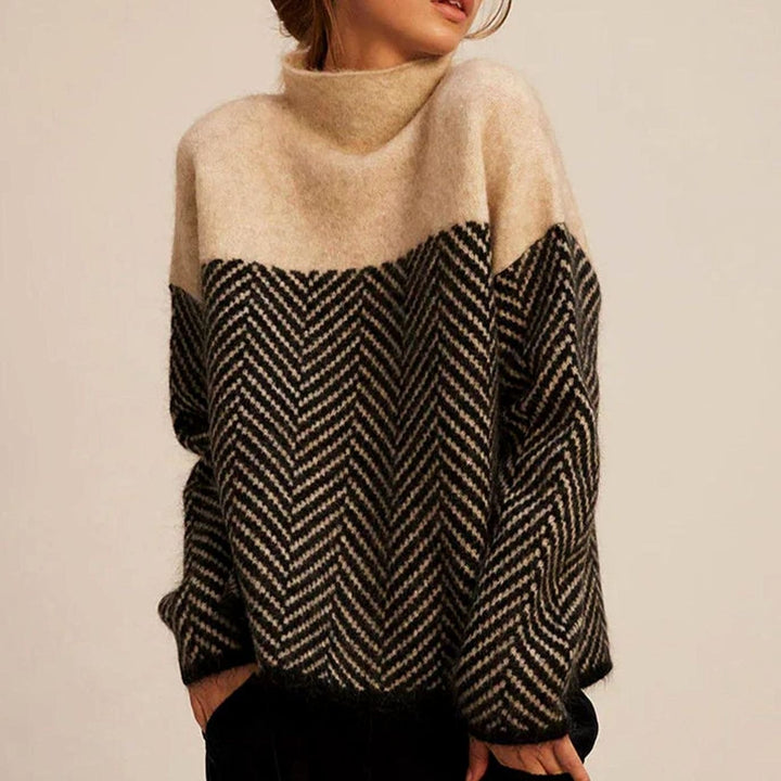 Women's Herringbone Turtleneck Oversized Knitted Jumper - Beige