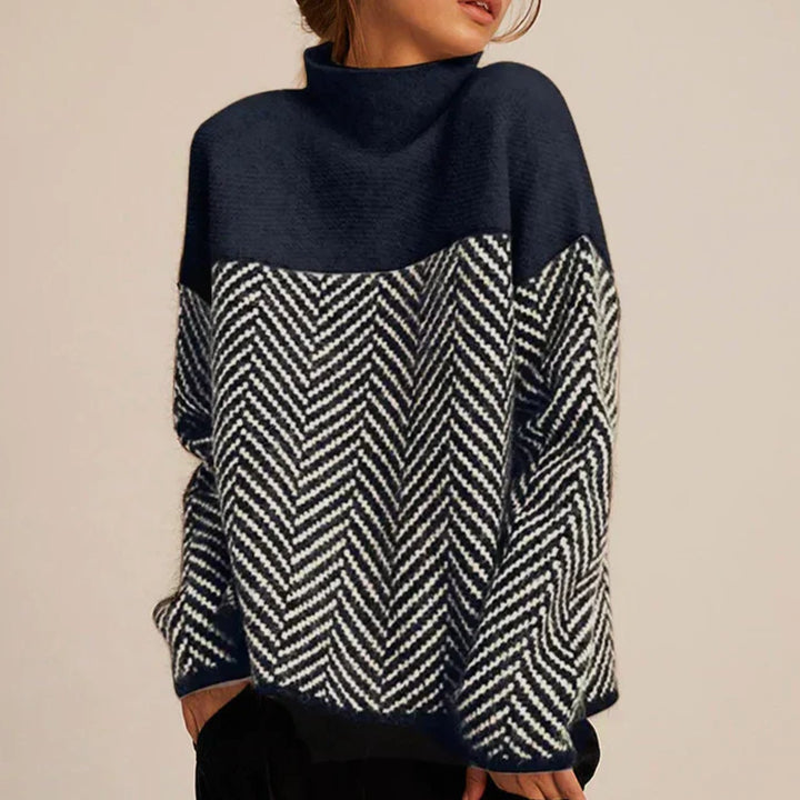 Women's Herringbone Turtleneck Oversized Knitted Jumper - Navy Blue