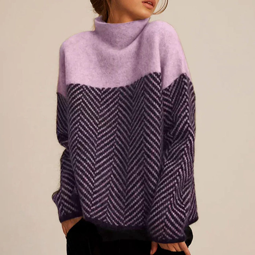 Women's Herringbone Turtleneck Oversized Knitted Jumper - Purple