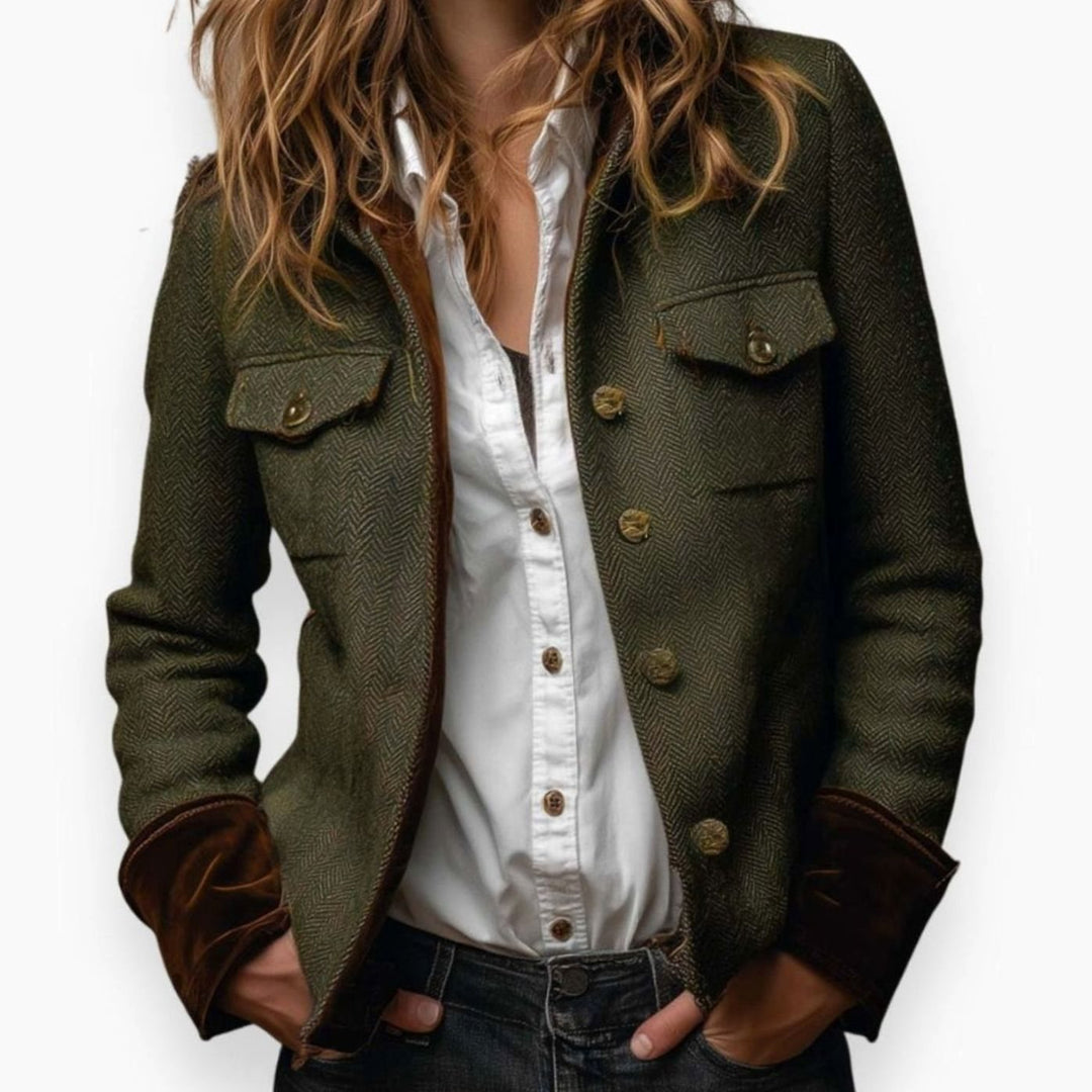 Women's Herringbone Tweed Military-Style Gold Button Jacket - Army Green